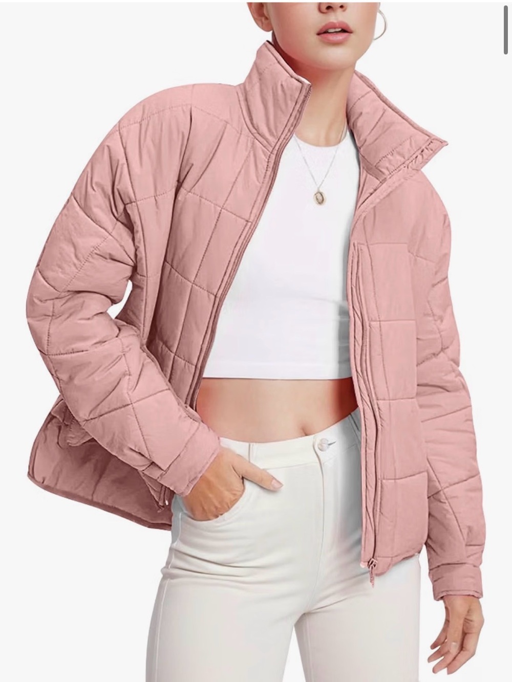 Flygo women’s puffer jacket lightweight Quilted, zip up warm padded jacket Pink